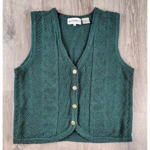 Baxter & Wells Cable Knit Vest Green Hearts Petites Small Gold Button Sleeveless